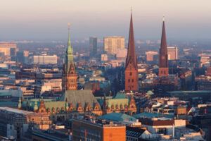 The tower of the Michaelskirche (on the left), Hamburg. Photo: Jan Ciglbauer.